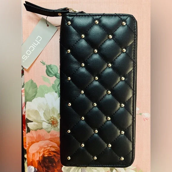 BRAND NEW Chico’s Studded Black Leather Quilted Wallet - Picture 1 of 4